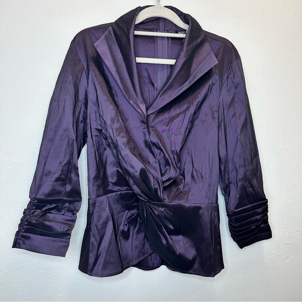 Tadashi Shoji Iridescent Plum Wrap Blouse